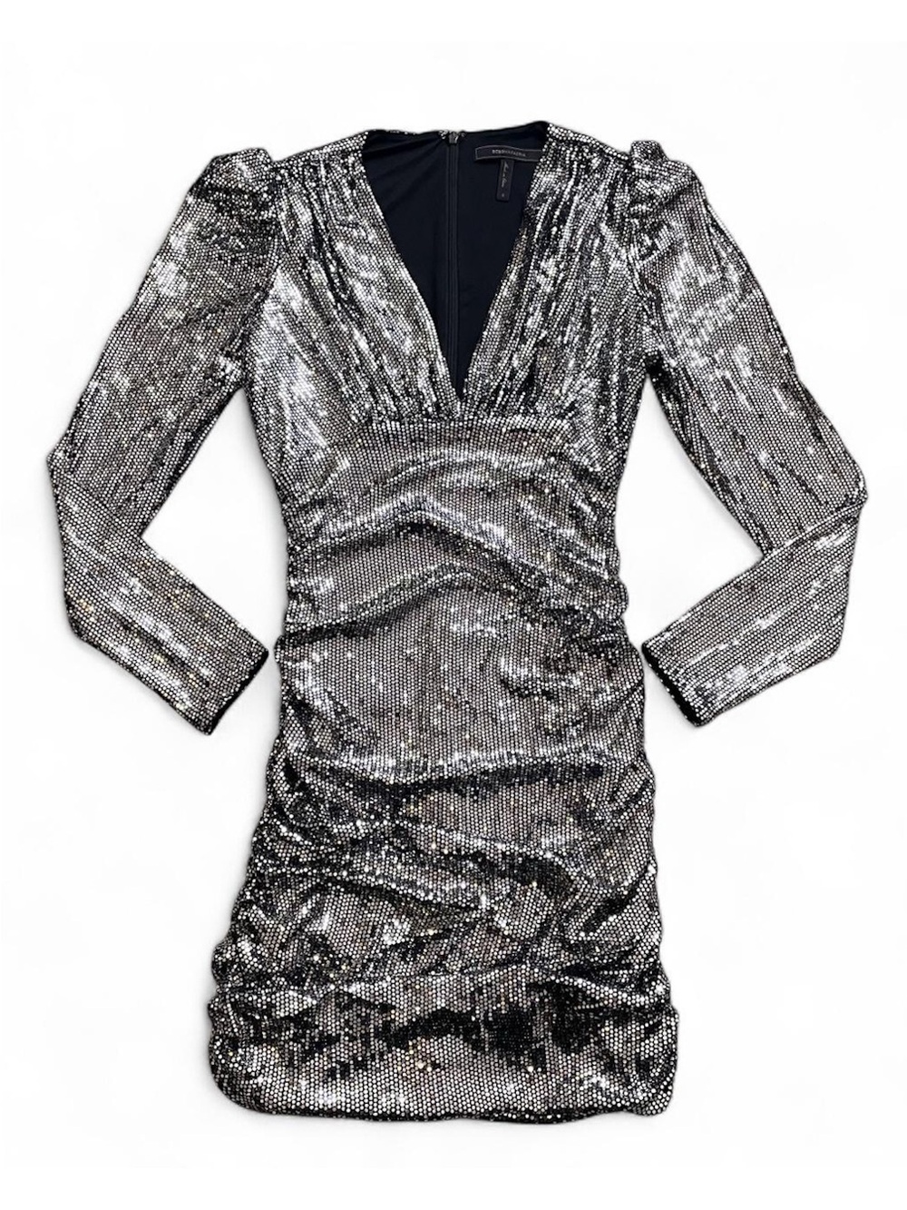 BCBGMAXAZRIA Metallic Puff-Shoulder Bodycon Dress in Silver